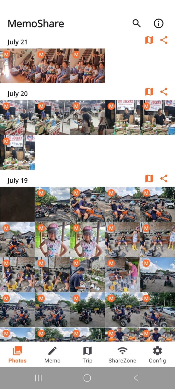 MemoShare gallery grid grouped by day